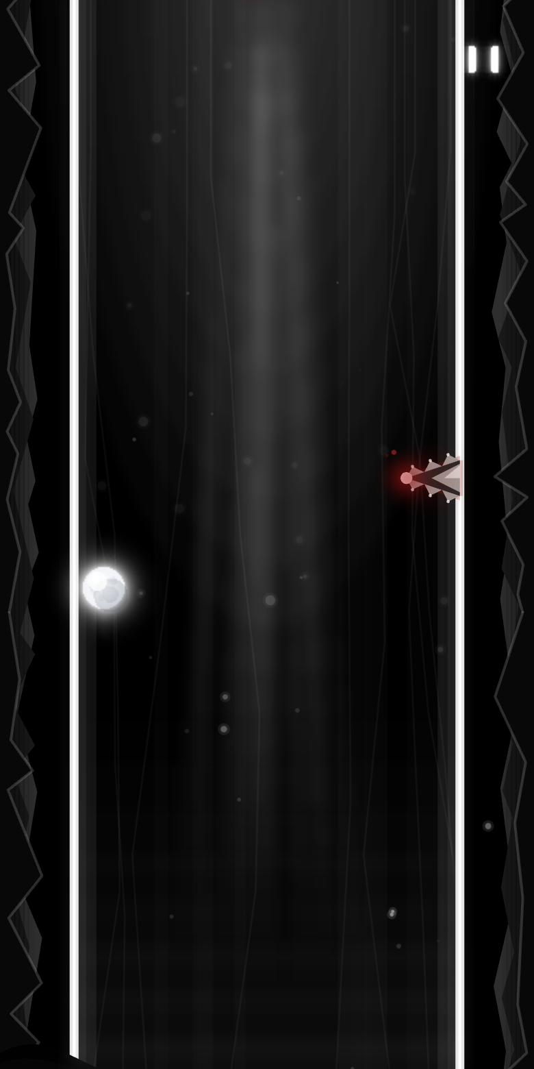 Mid-run gameplay: the white soul orb on the left rail while a red-eyed sentinel waits on the right.