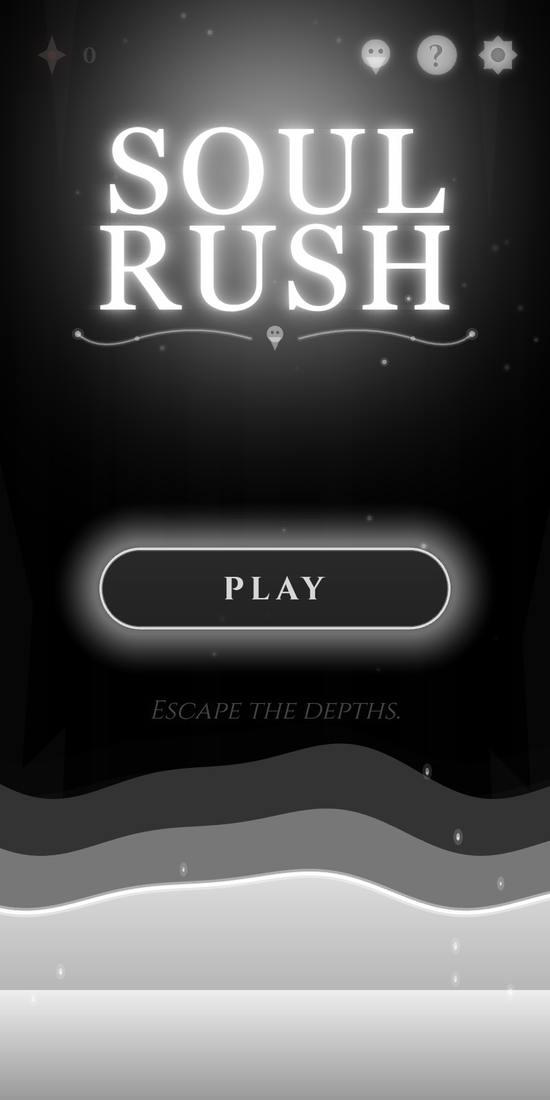 Soul Rush start screen: the glowing title above a PLAY plaque and the tagline 'Escape the depths.'