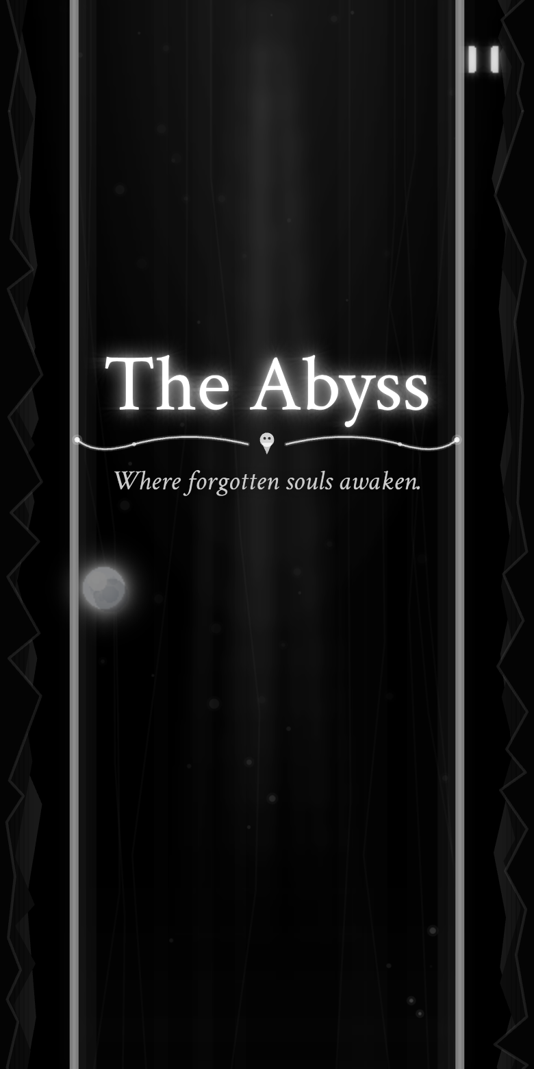 Soul Rush gameplay: the phase banner 'The Abyss: Where forgotten souls awaken.' over a dark cavern, a glowing white soul orb riding the left rail.